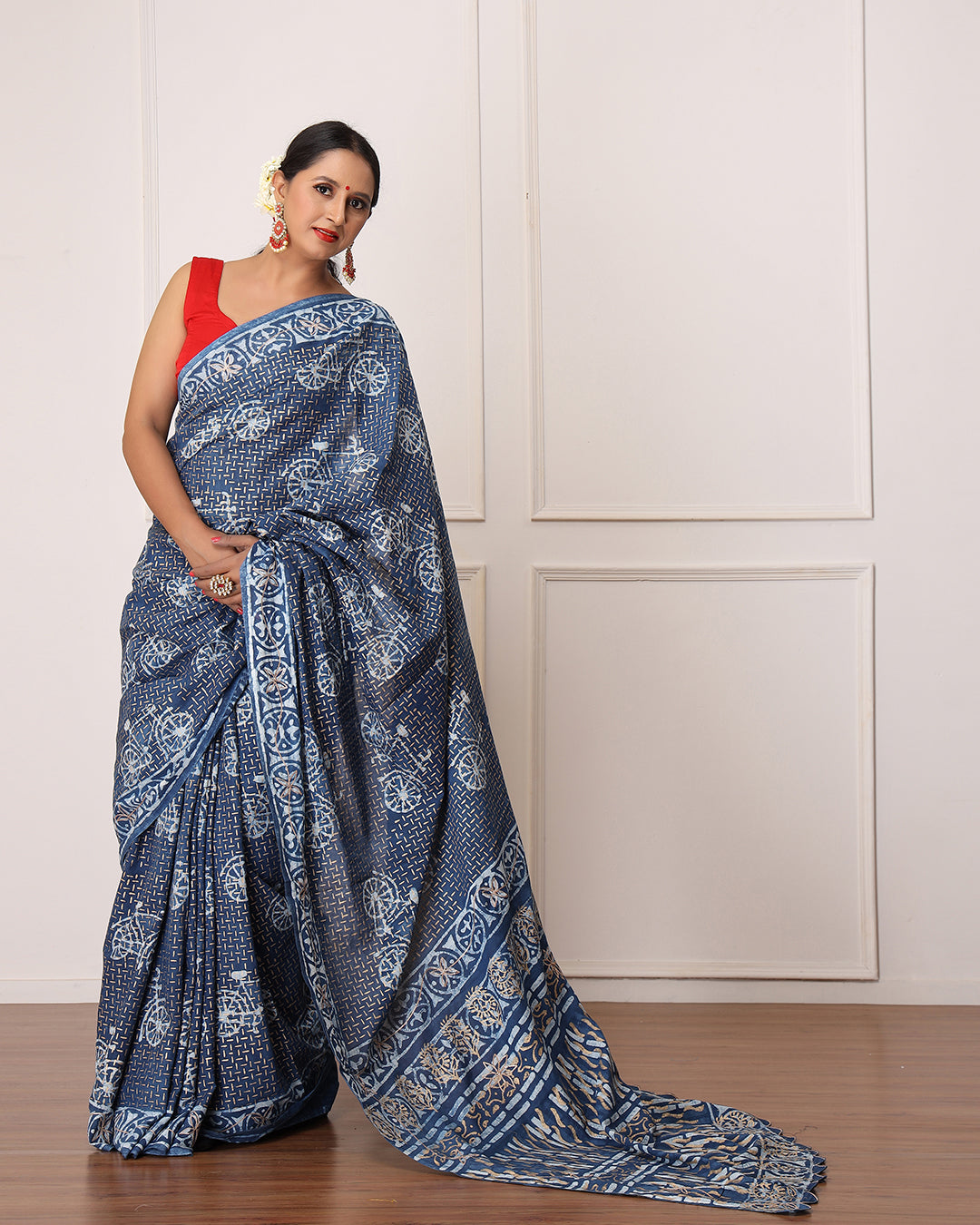 Dabu Print Mulmul Saree | Nancy Indigo Hand Block Printed for Festive & Daily Wear