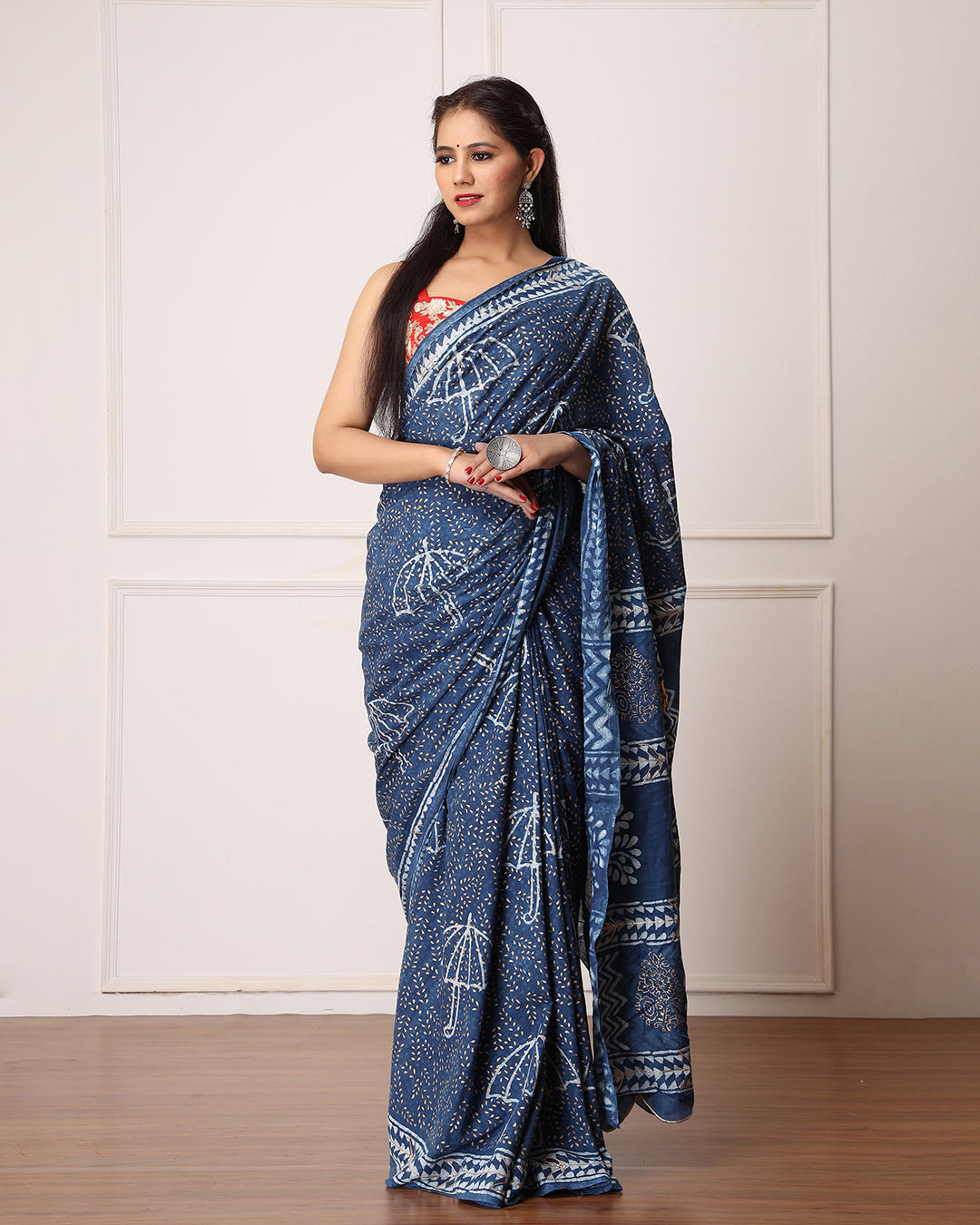 Dabu Print Mulmul Saree | Indigo Umbrella Motif for Work, Outings & Gatherings