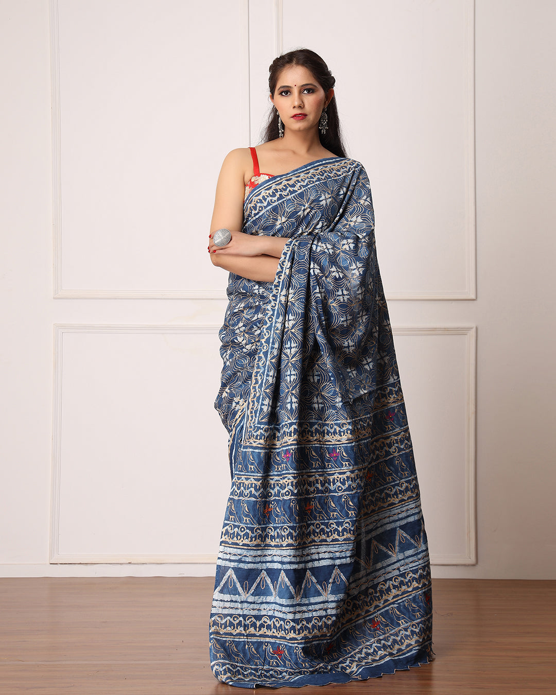 Dabu Print Mulmul Saree | Indigo Floral for Summers, Office Wear & Quiet Evenings