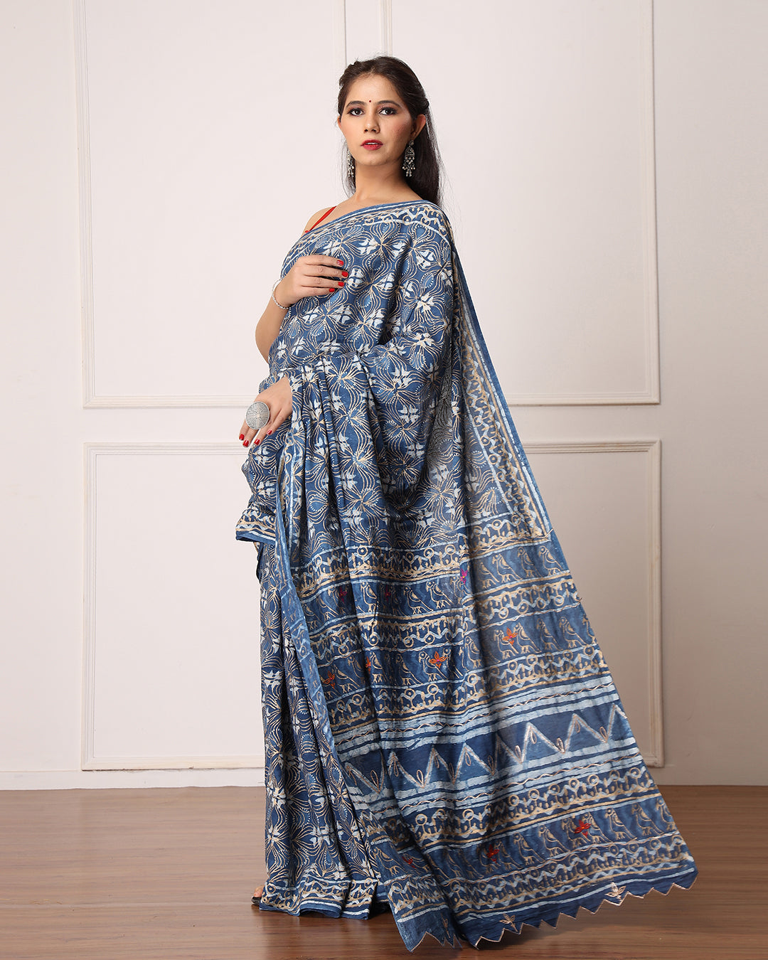 Dabu Print Mulmul Saree | Indigo Floral for Summers, Office Wear & Quiet Evenings