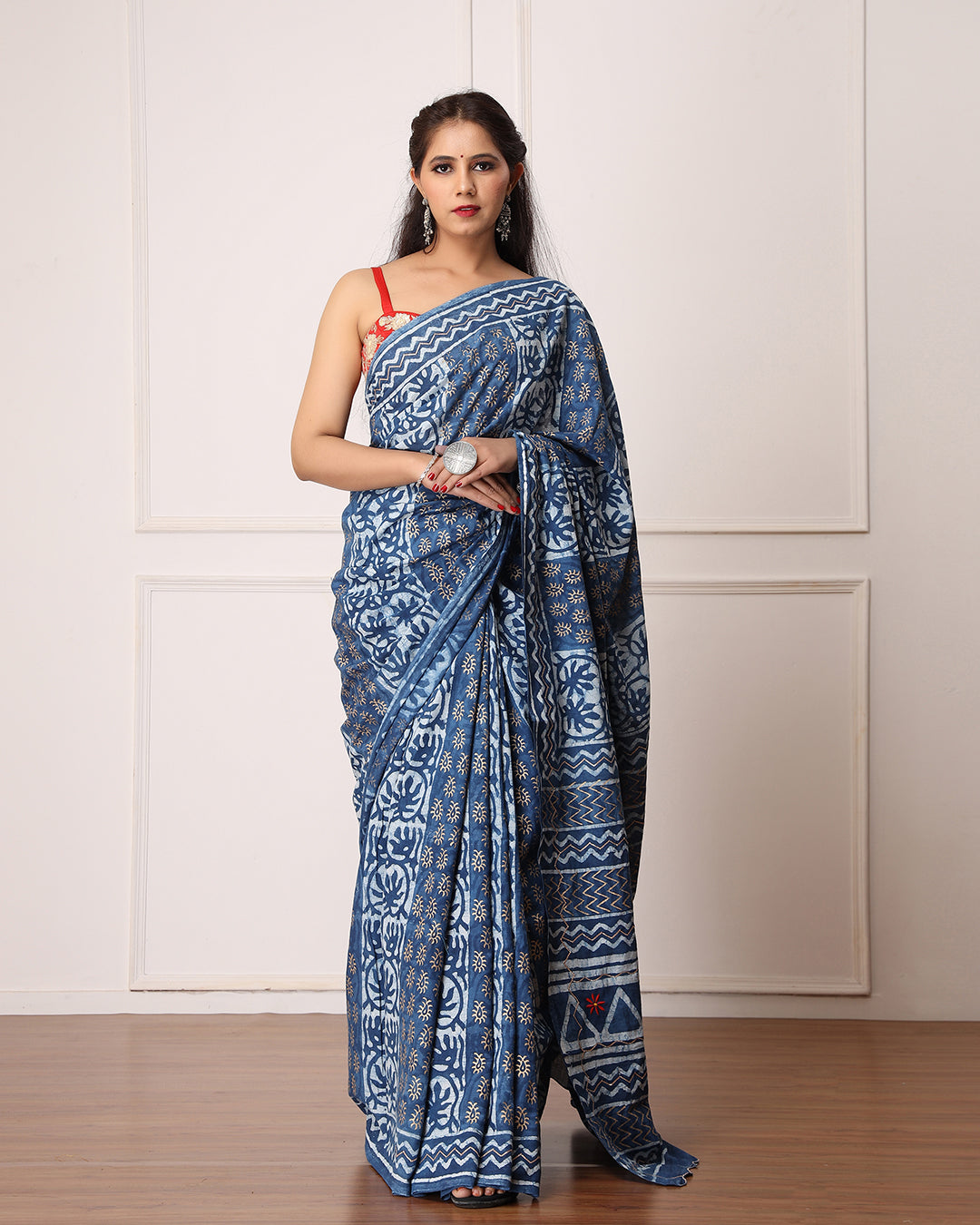 Dabu Print Mulmul Saree | Indigo Circular Handblock for Summer Days & Evenings