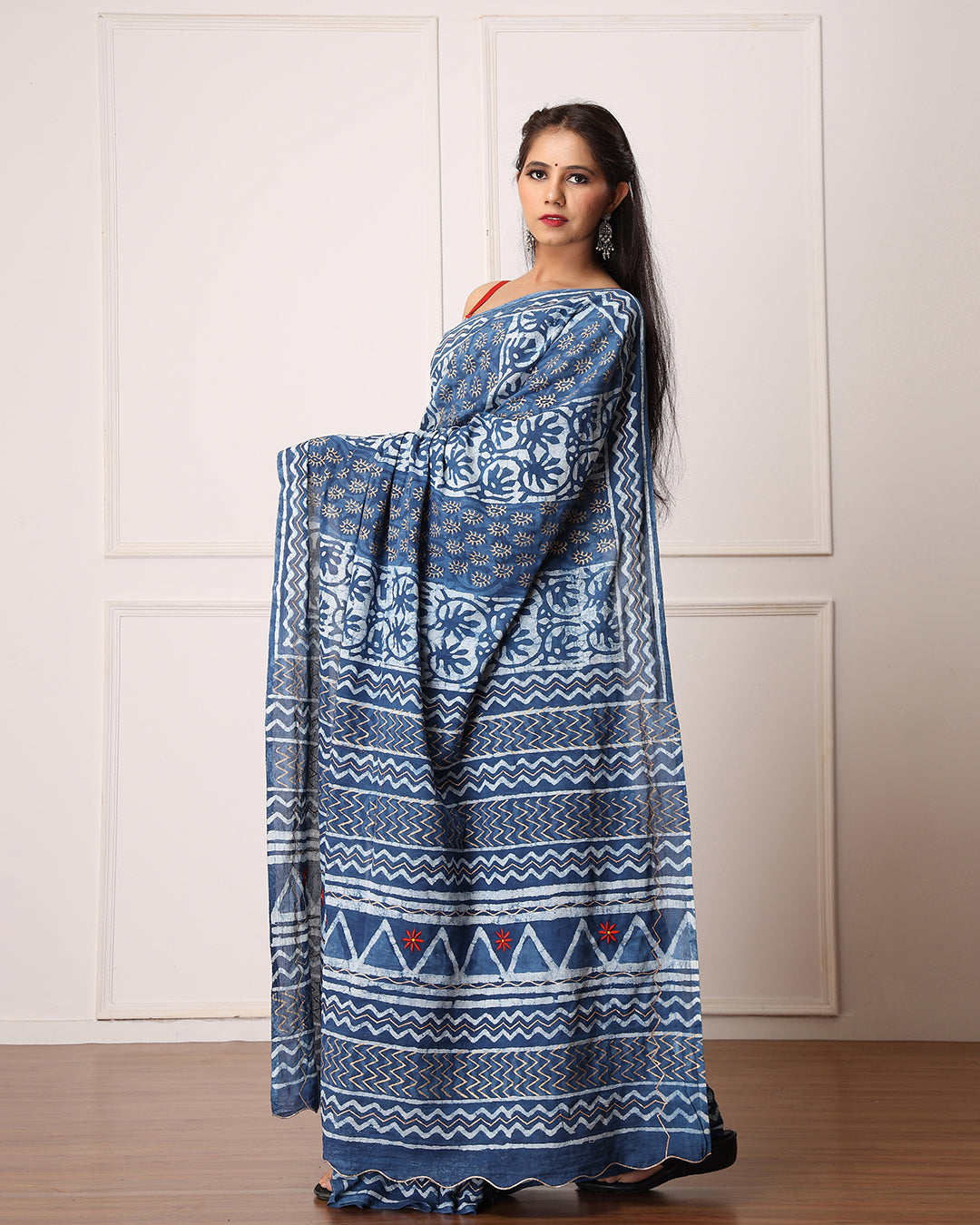 Dabu Print Mulmul Saree | Indigo Circular Handblock for Summer Days & Evenings