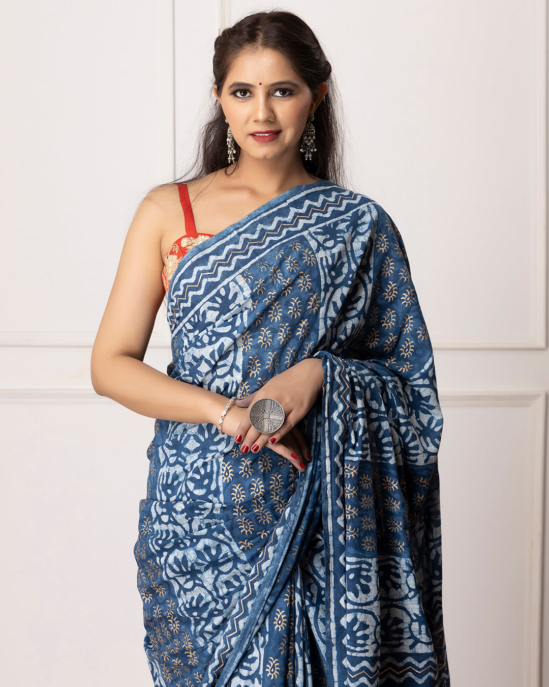 Dabu Print Mulmul Saree | Indigo Circular Handblock for Summer Days & Evenings
