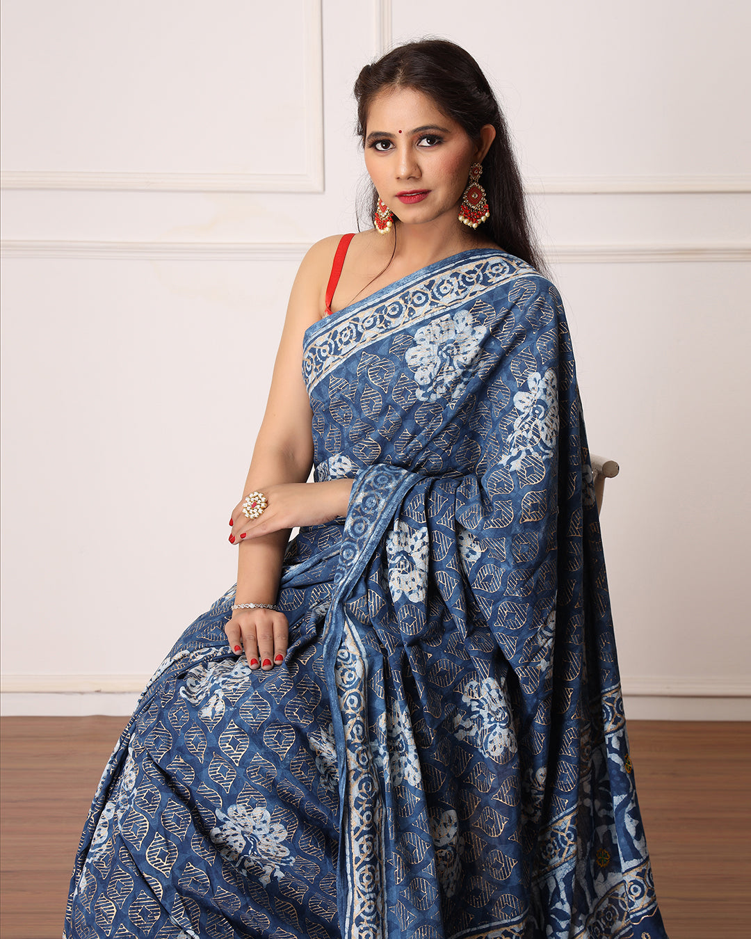 Dabu Print Mulmul Saree | Indigo Ethnic Motif for Outings, Work & Casual Events