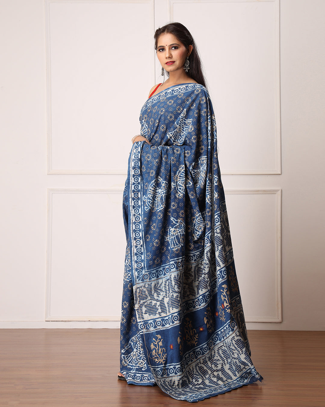Dabu Print Mulmul Saree | Indigo Ethnic Figure for Cultural Events & Office Wear