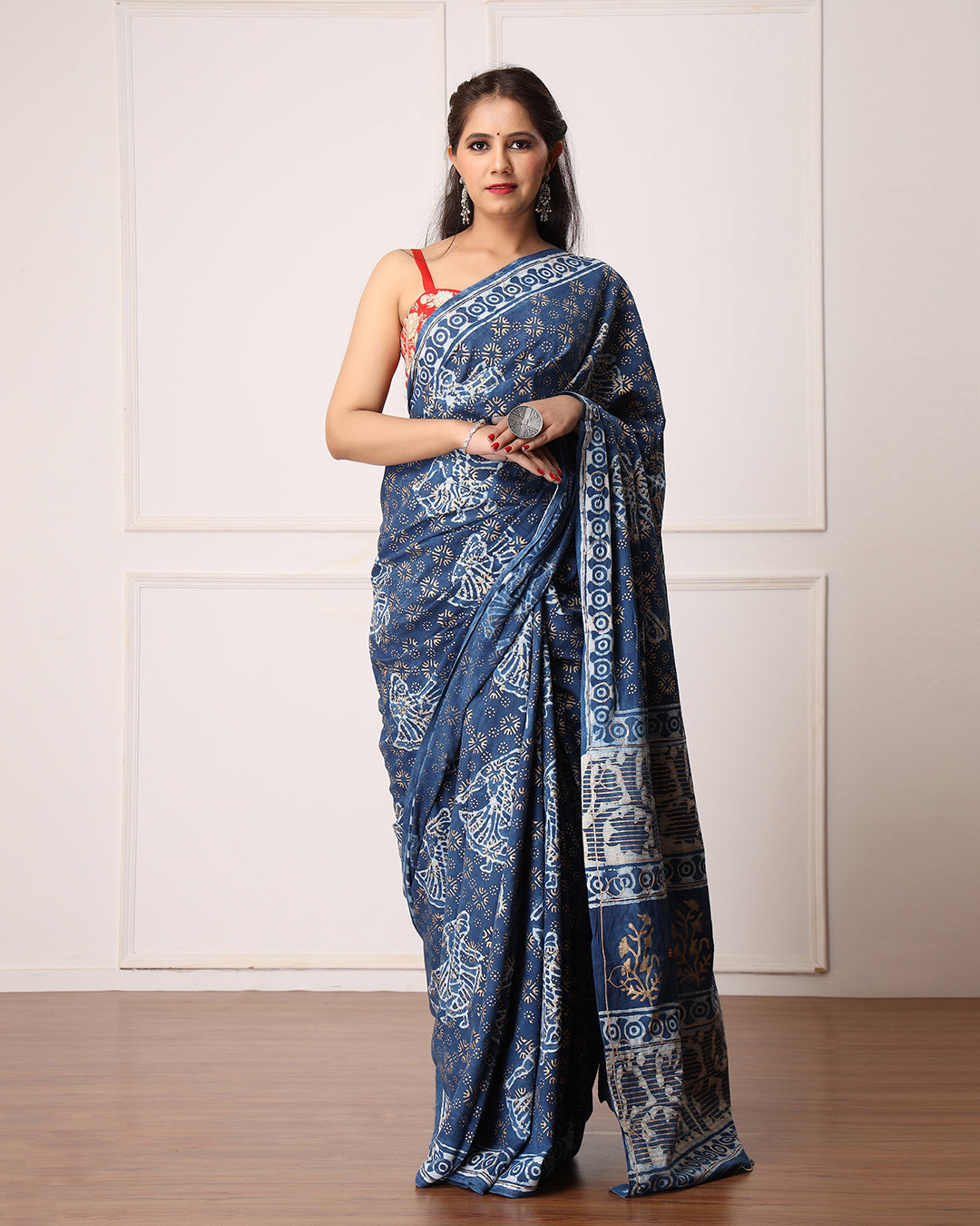 Dabu Print Mulmul Saree | Indigo Ethnic Figure for Cultural Events & Office Wear