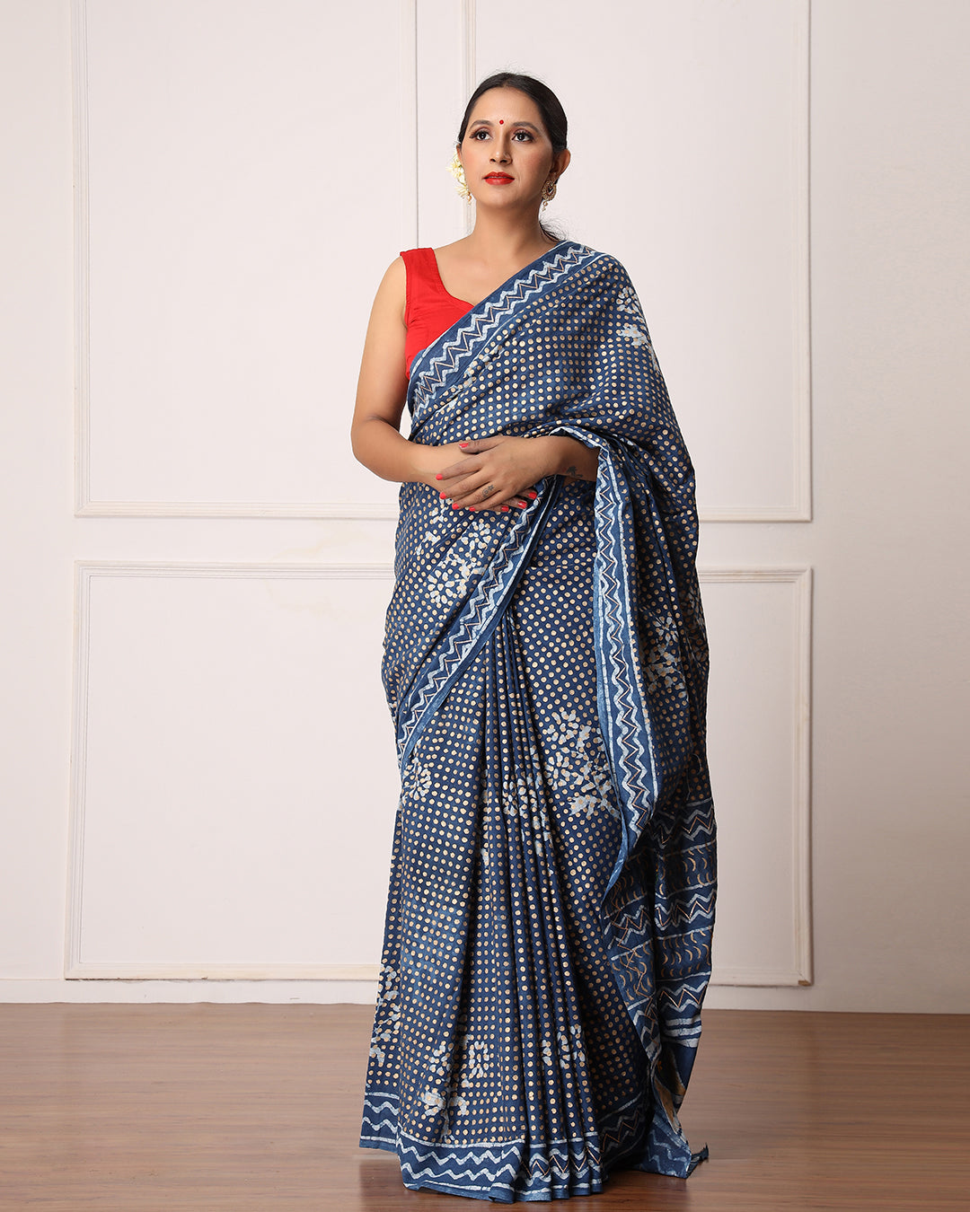 Dabu Print Mulmul Saree | Indigo Polka Dots for Casual Gatherings & Celebrations