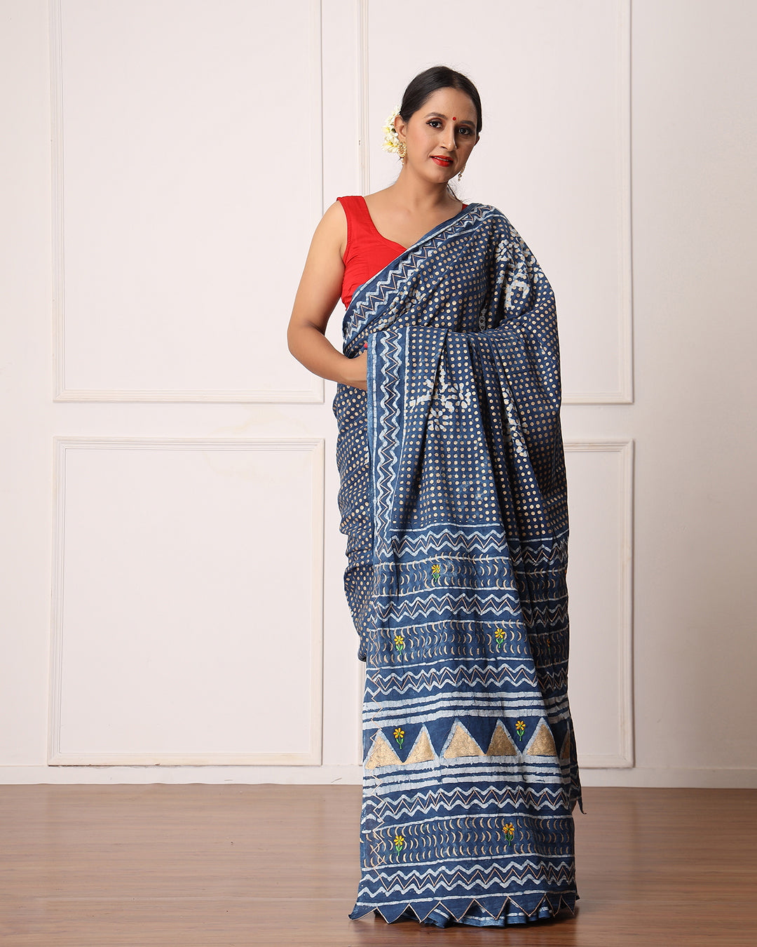Dabu Print Mulmul Saree | Indigo Polka Dots for Casual Gatherings & Celebrations