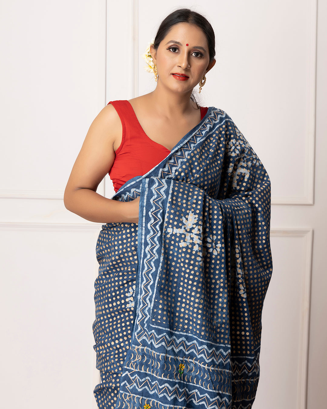 Dabu Print Mulmul Saree | Indigo Polka Dots for Casual Gatherings & Celebrations