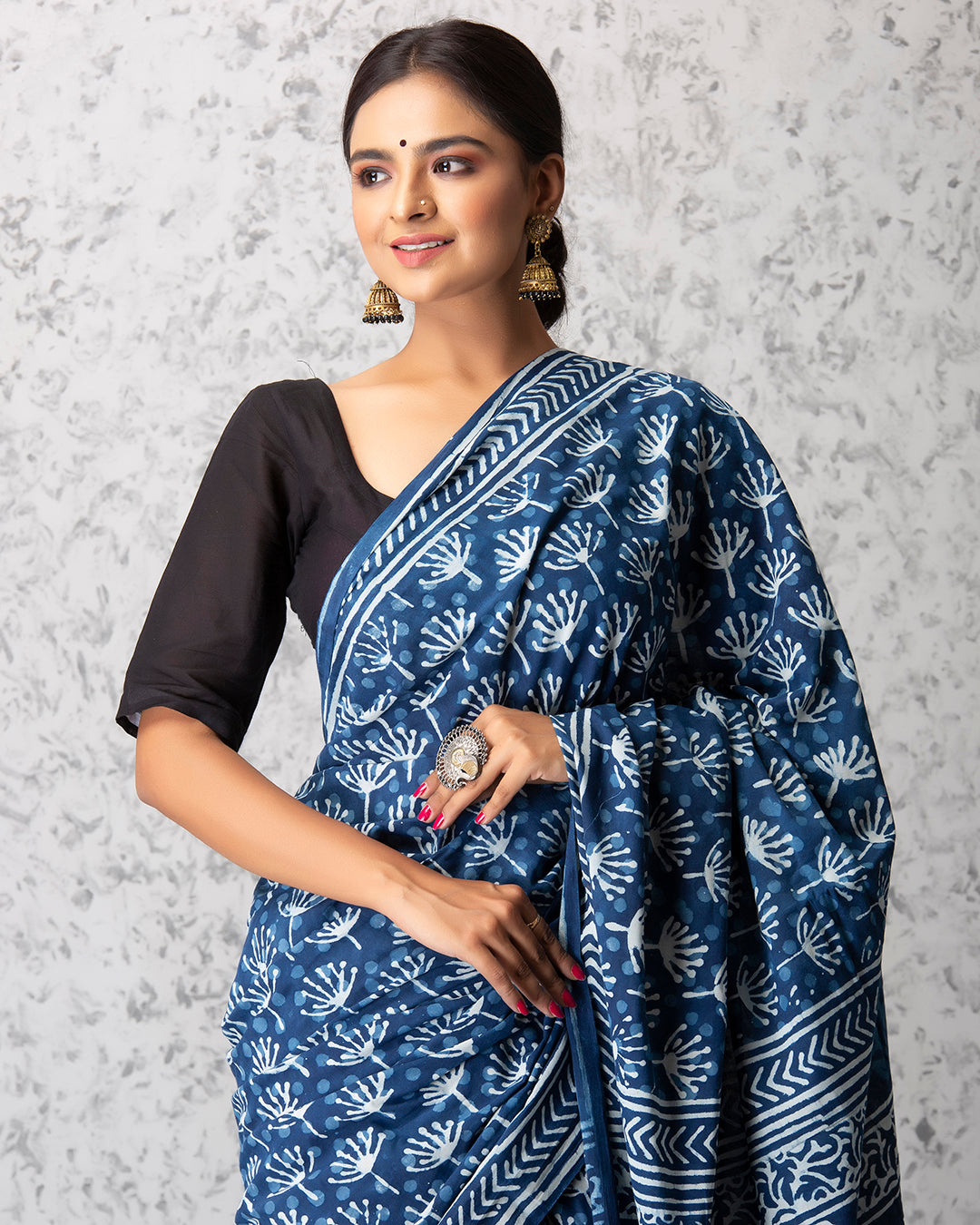 Dabu Print Mulmul Saree | Indigo Dandelion for Warm Days, Daily & Ethnic Wear