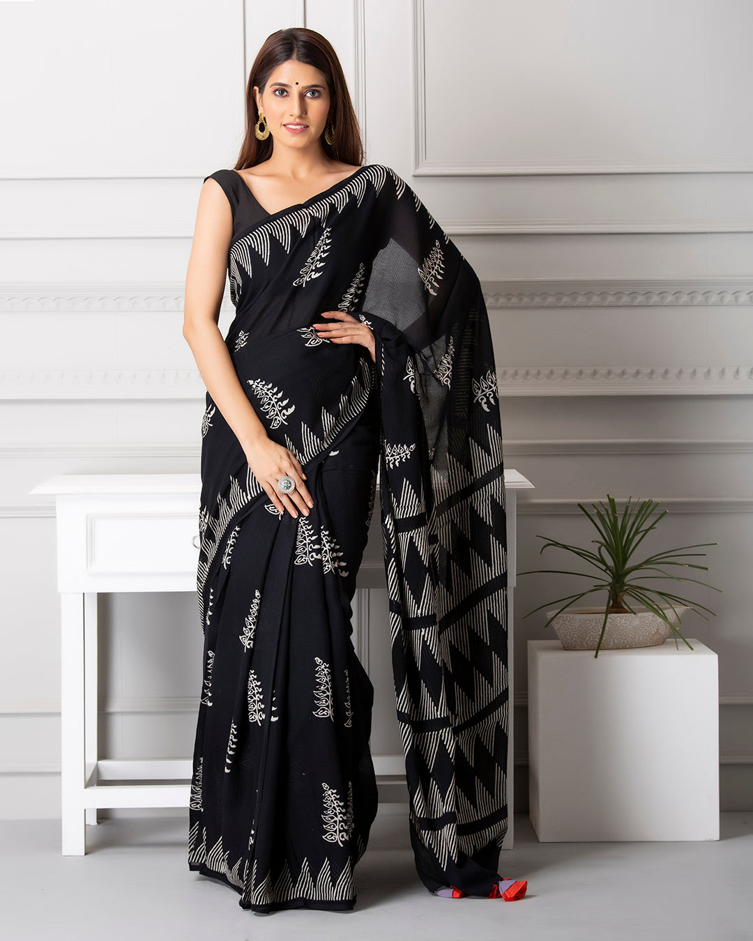 Handblock Print Mulmul Saree | Black Moonga Monochrome Butti for Work & Gatherings