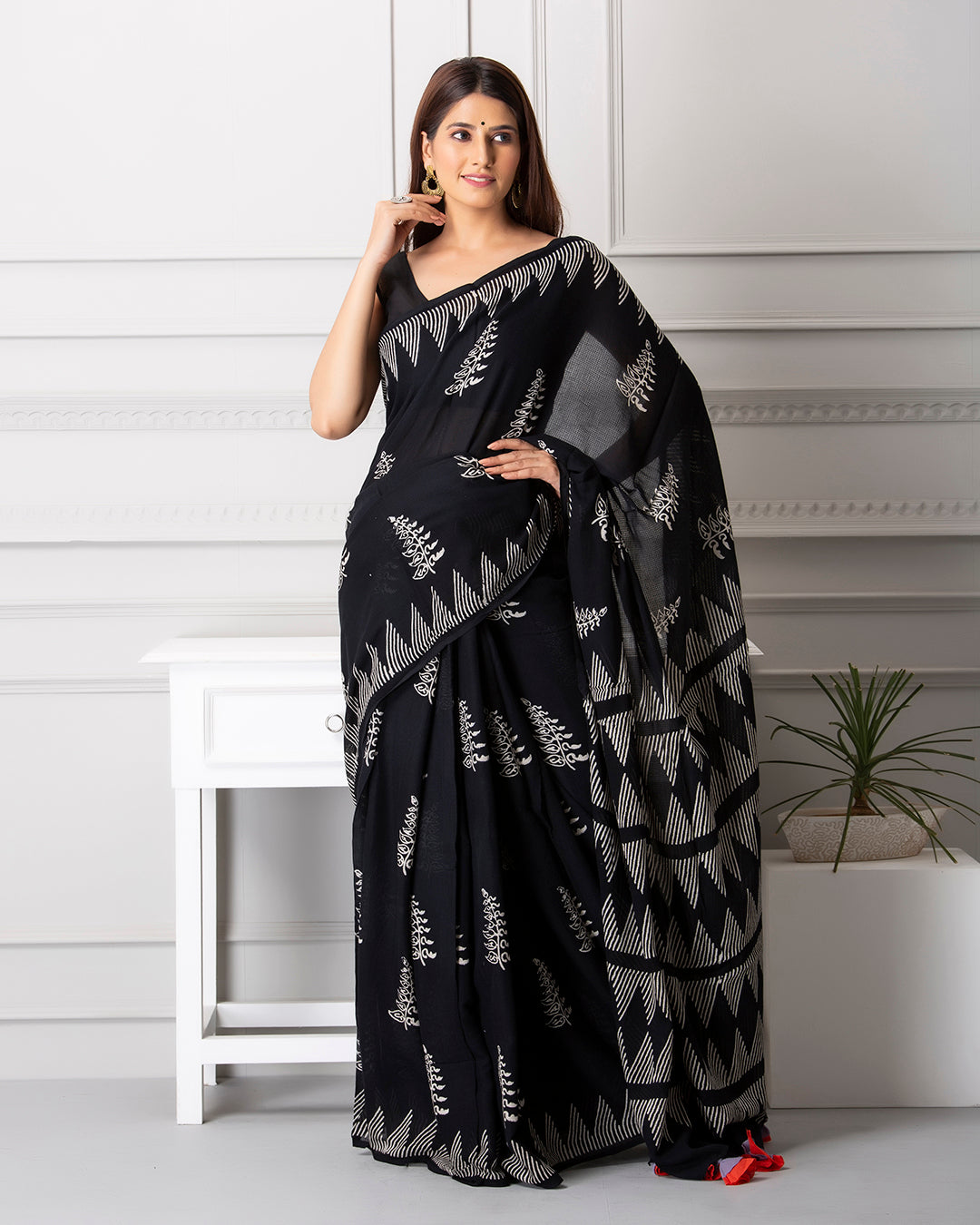 Handblock Print Mulmul Saree | Black Moonga Monochrome Butti for Work & Gatherings