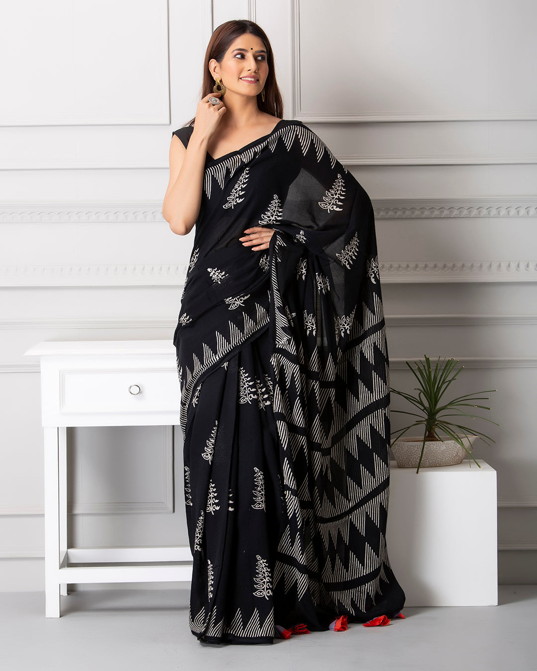 Handblock Print Mulmul Saree | Black Moonga Monochrome Butti for Work & Gatherings