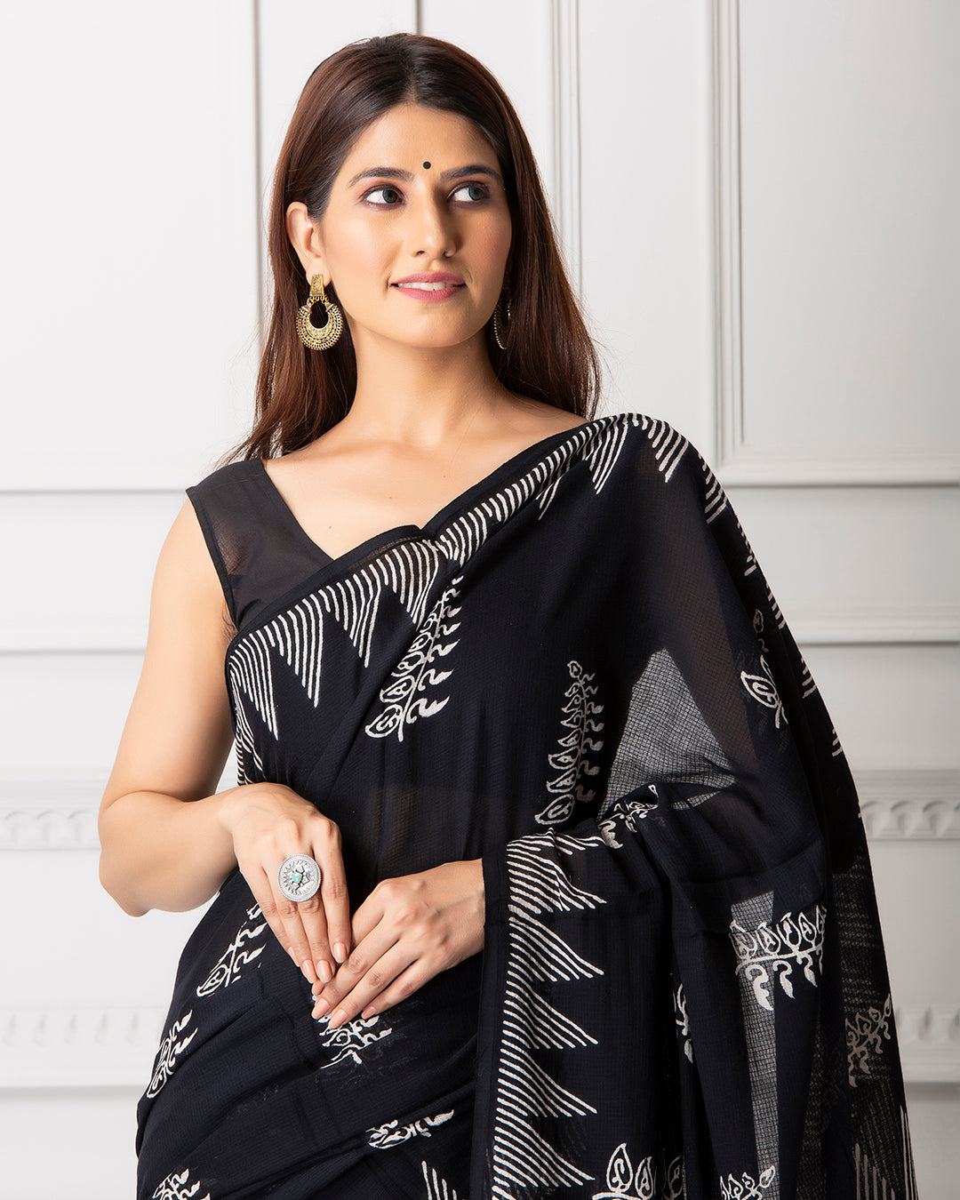 Handblock Print Mulmul Saree | Black Moonga Monochrome Butti for Work & Gatherings