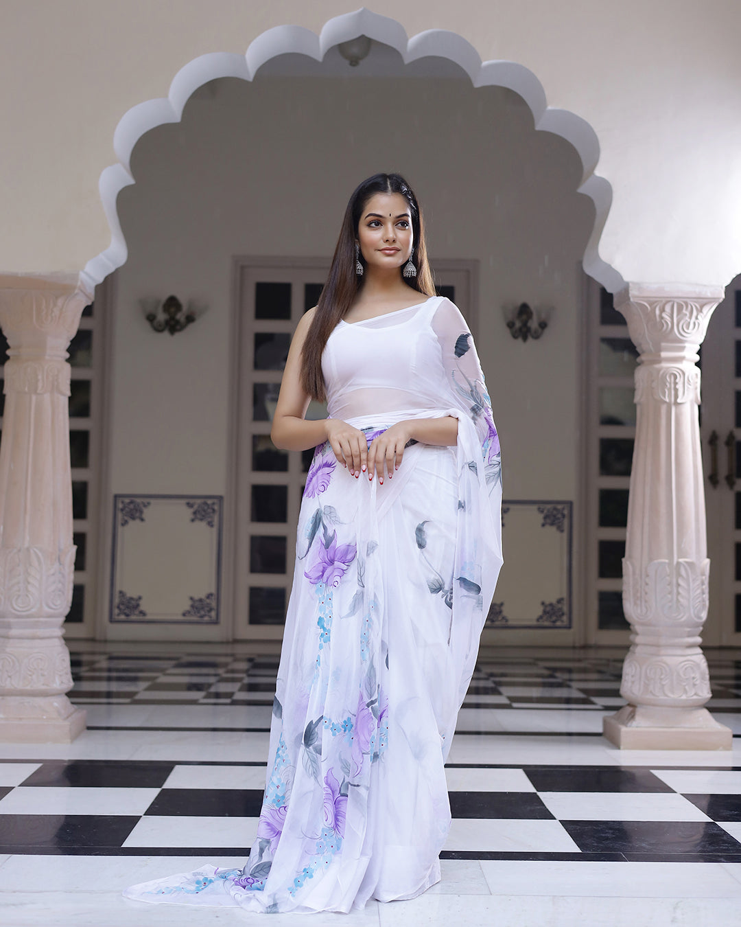 Hand Painted Chiffon Saree | White Floral for Garden Parties & Festive Wear