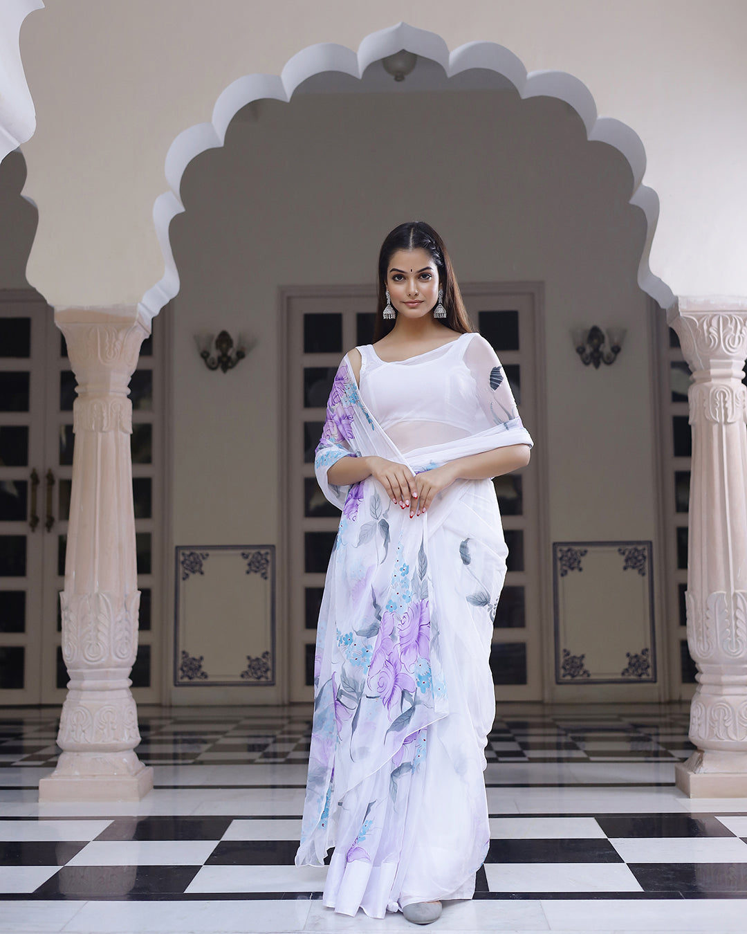 Hand Painted Chiffon Saree | White Floral for Garden Parties & Festive Wear