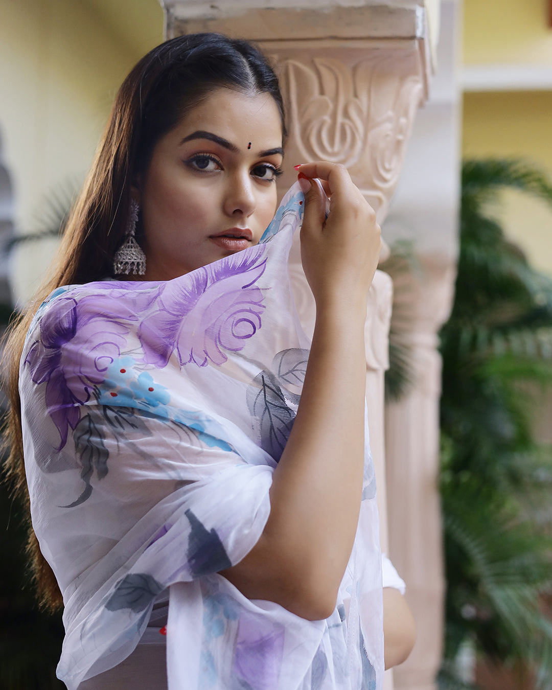 Hand Painted Chiffon Saree | White Floral for Garden Parties & Festive Wear