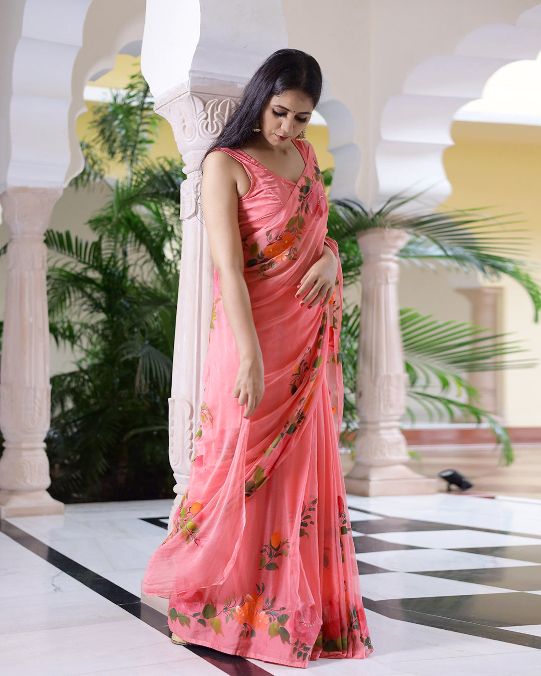 Hand Painted Chiffon Saree | Peachy Floral Design for Festive Wear