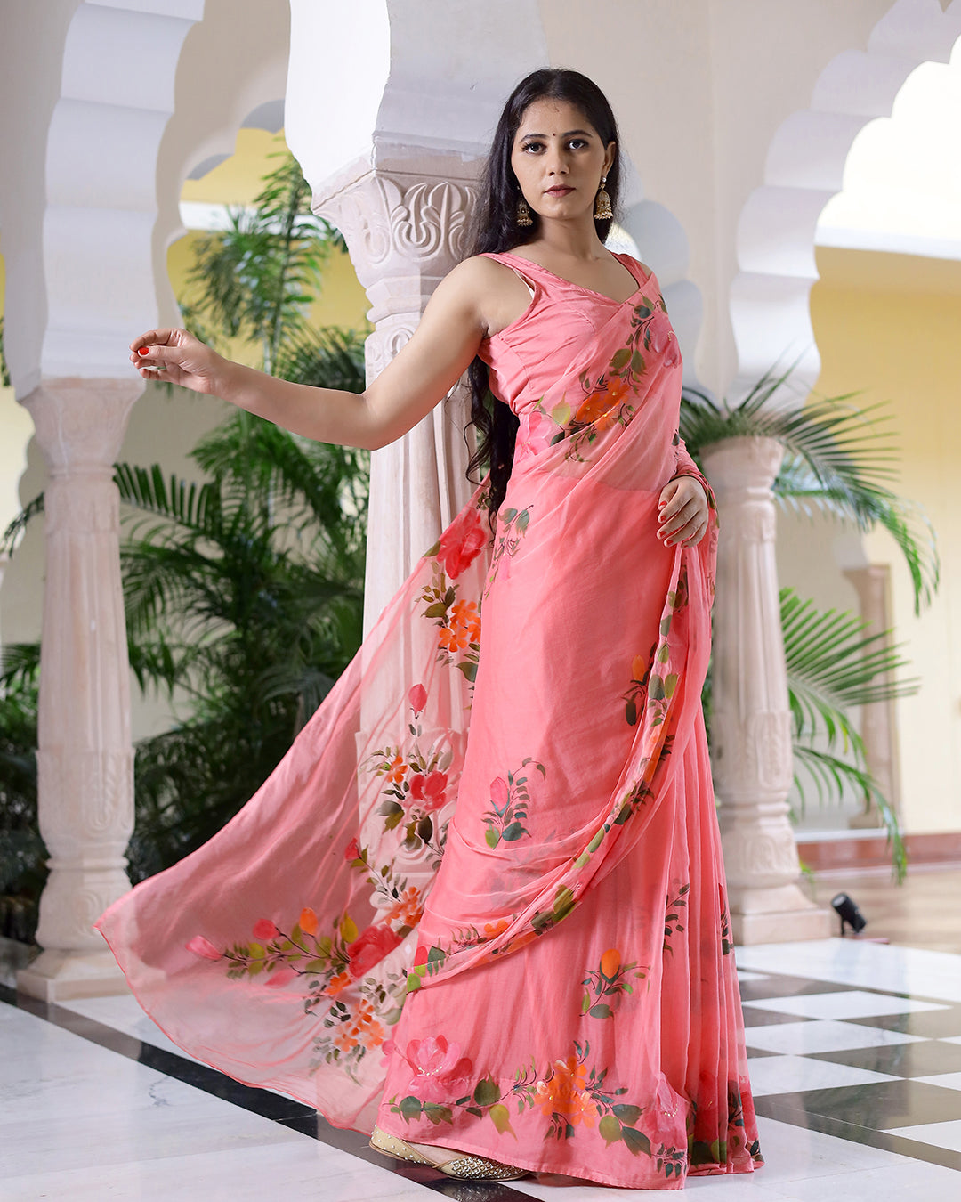 Hand Painted Chiffon Saree | Peachy Floral Design for Festive Wear