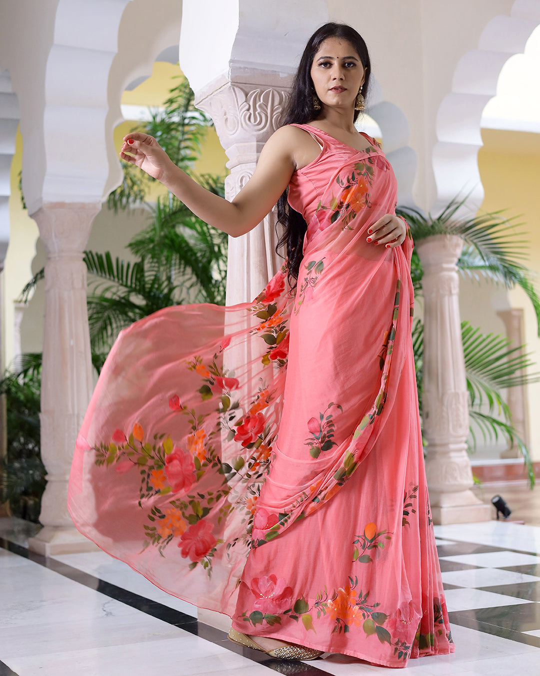 Hand Painted Chiffon Saree | Peachy Floral Design for Festive Wear