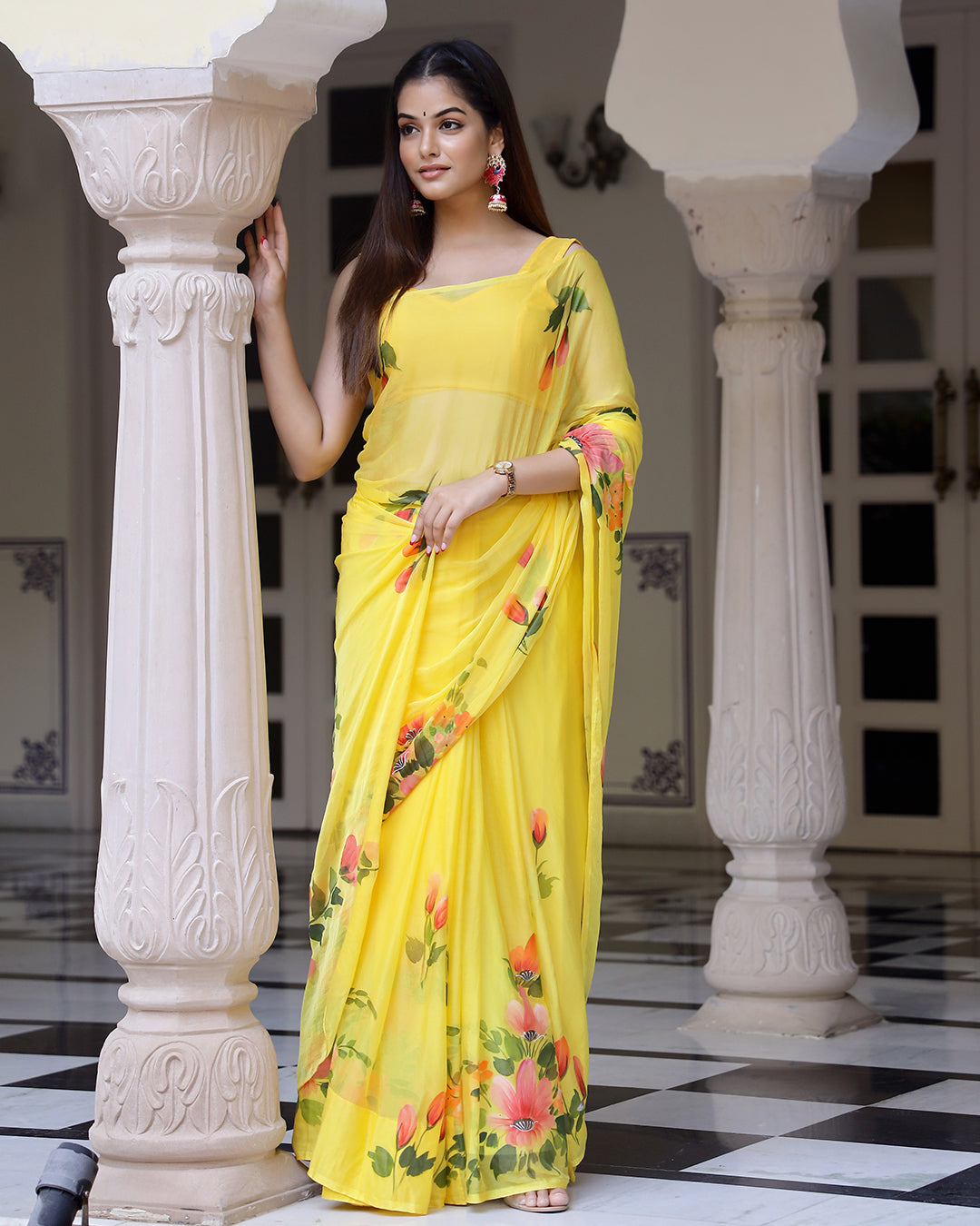 Hand Painted Chiffon Saree | Bright Yellow Floral for Haldi & Festive Mornings