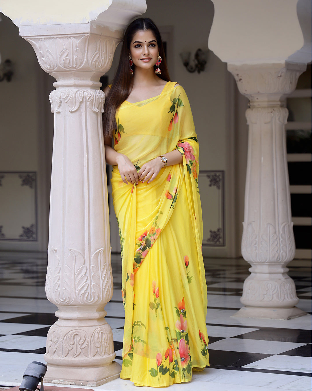 Hand Painted Chiffon Saree | Bright Yellow Floral for Haldi & Festive Mornings