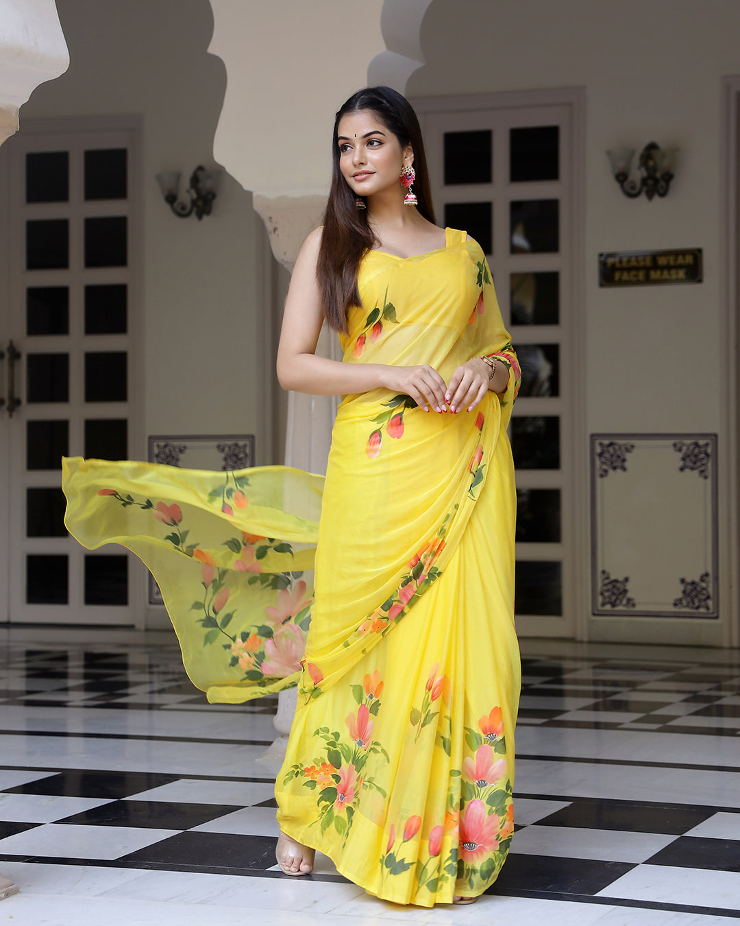 Hand Painted Chiffon Saree | Bright Yellow Floral for Haldi & Festive Mornings