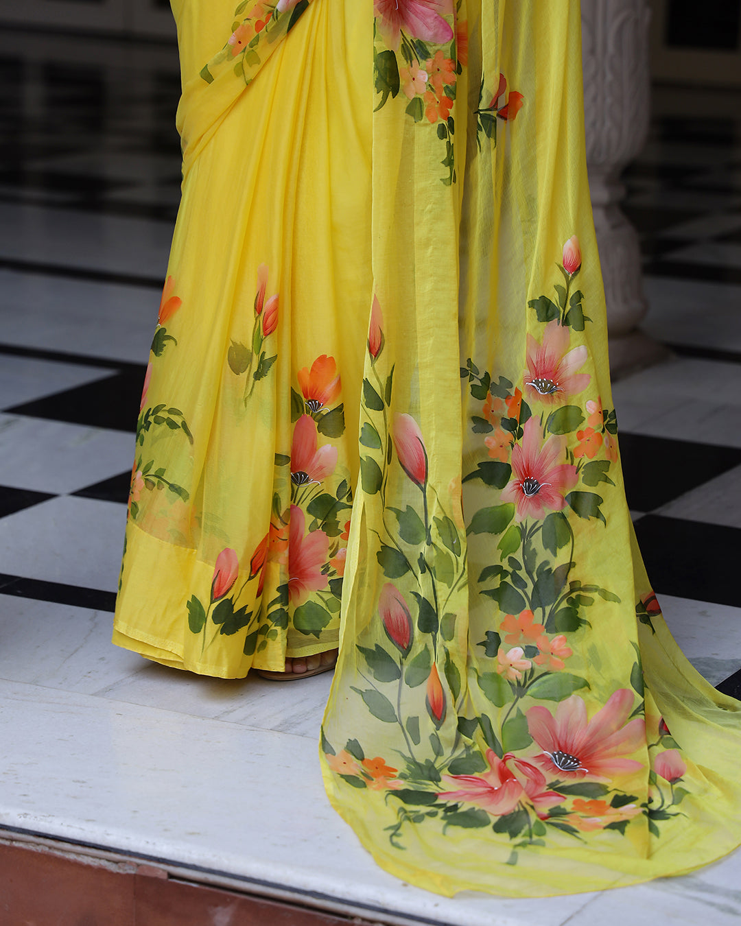 Hand Painted Chiffon Saree | Bright Yellow Floral for Haldi & Festive Mornings