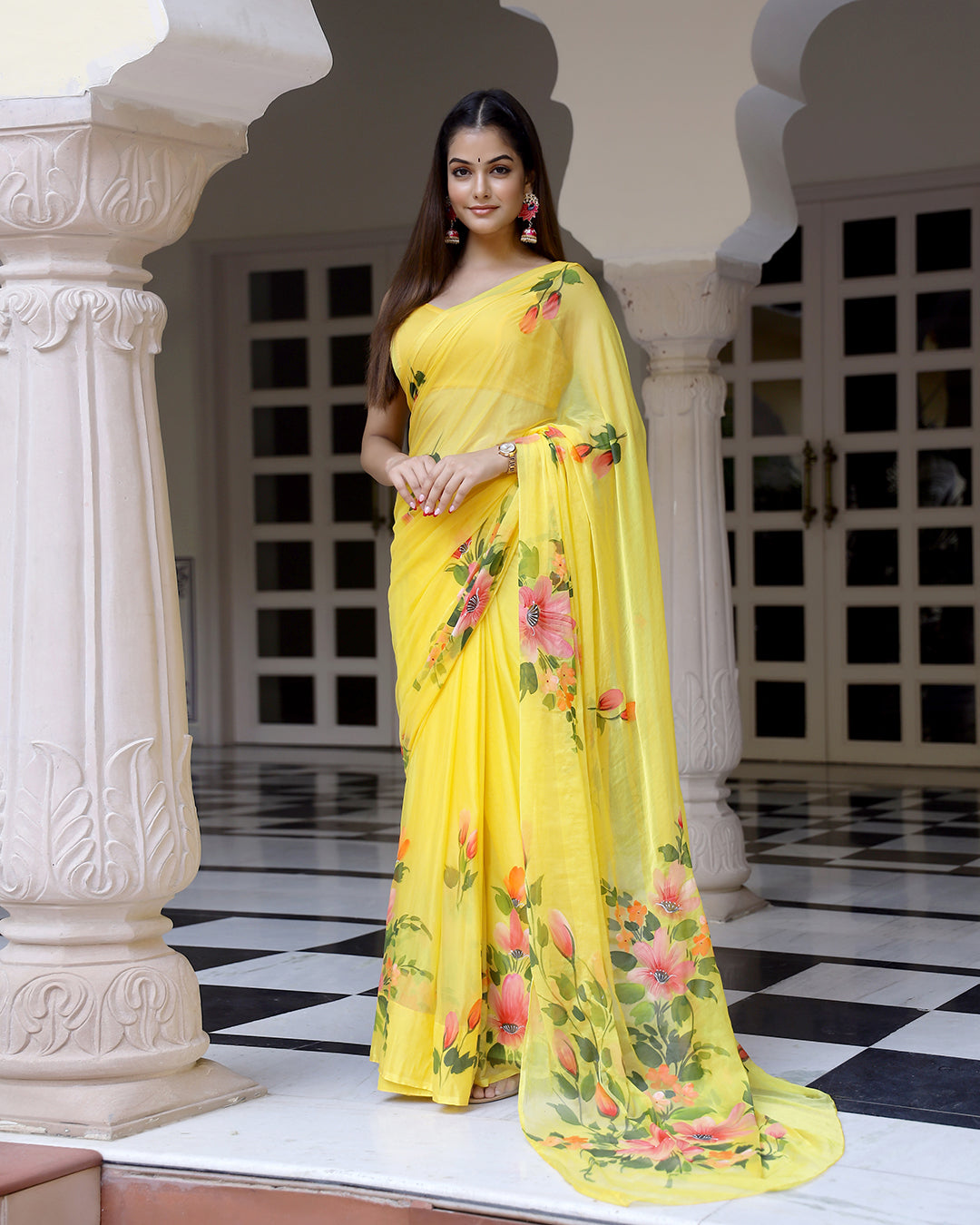 Hand Painted Chiffon Saree | Bright Yellow Floral for Haldi & Festive Mornings
