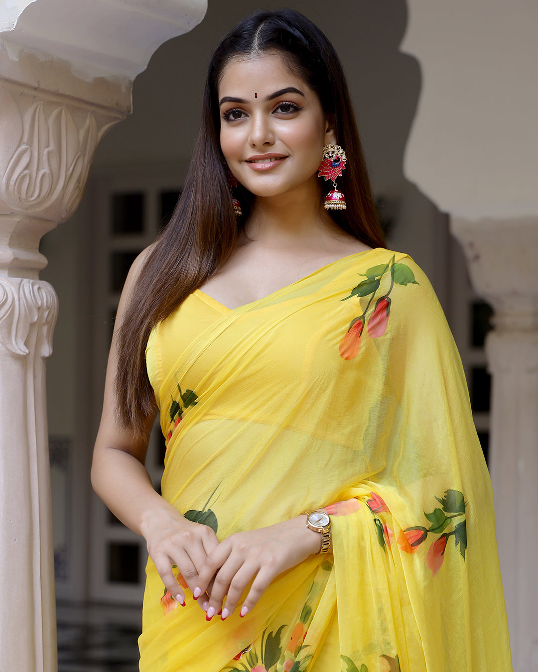 Hand Painted Chiffon Saree | Bright Yellow Floral for Haldi & Festive Mornings