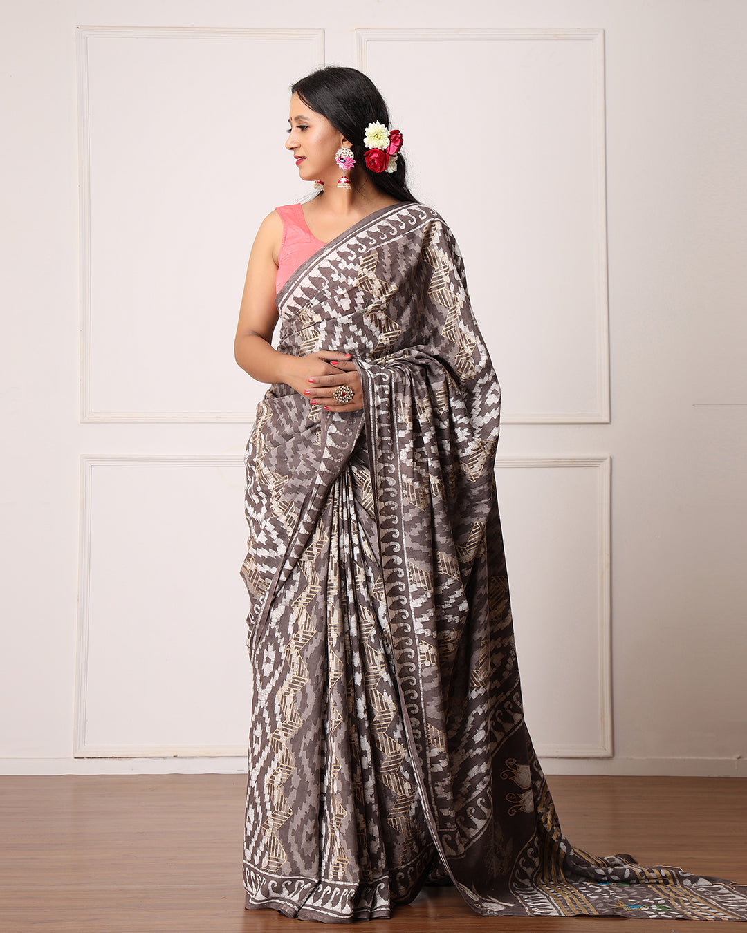 Dabu Print Mulmul Saree | Ikat Grey for Workdays, Festive Mornings & Gatherings