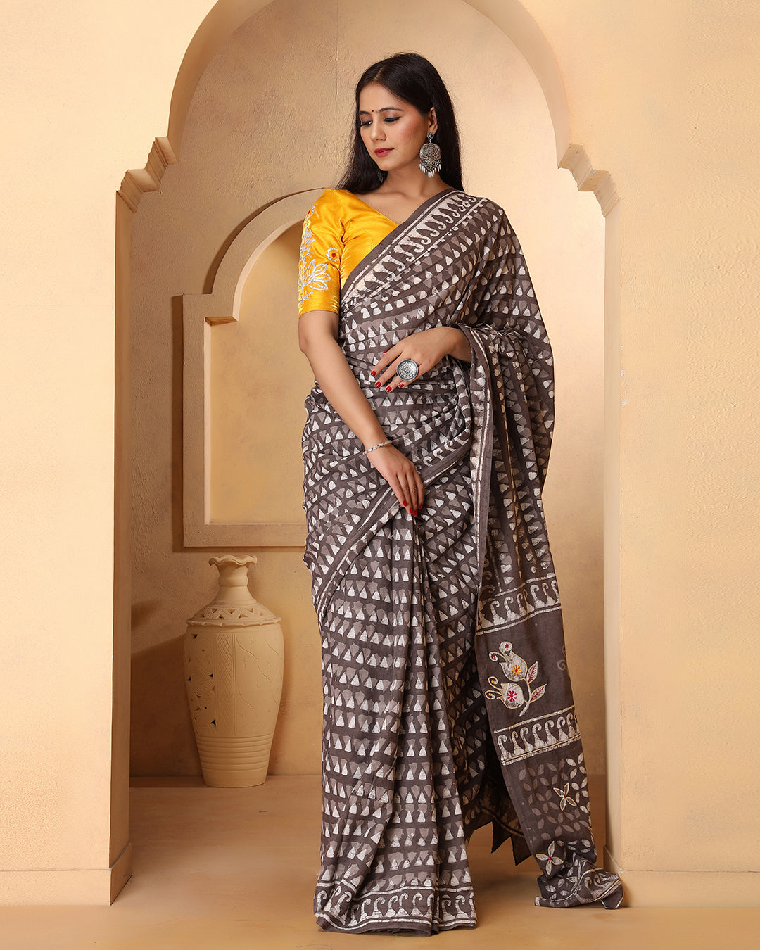 Dabu Print Mulmul Saree | Triangle Grey for Office, Lunches & Evening Events