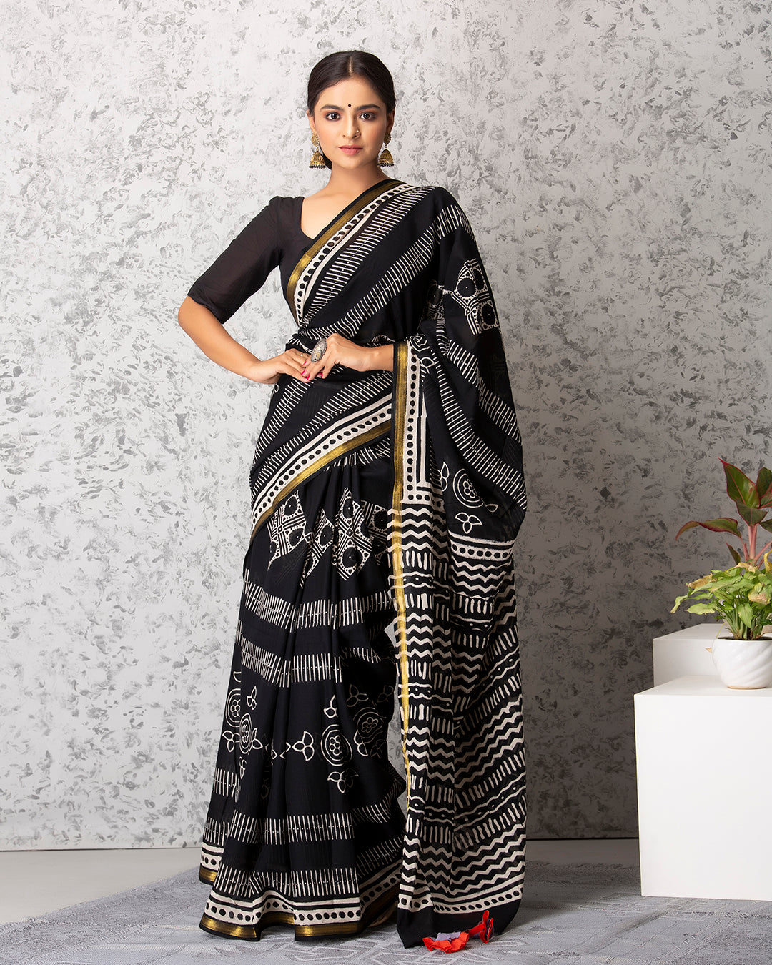 Handblock Print Mulmul Saree | Bold Folk Black for Festive Events & Casual Outings