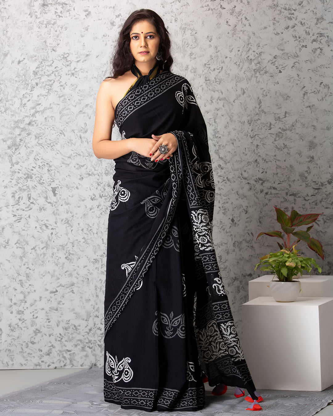 Handblock Print Mulmul Saree | Black Grey Folk for Festive Days & Office Wear