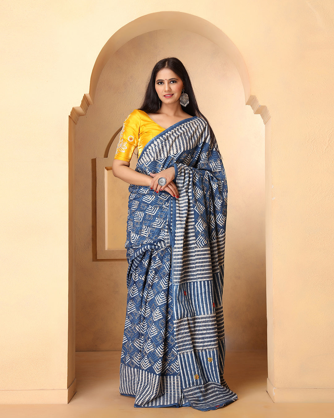 Dabu Print Mulmul Saree | Abstract Indigo & White for Daily Wear & Casual Outings