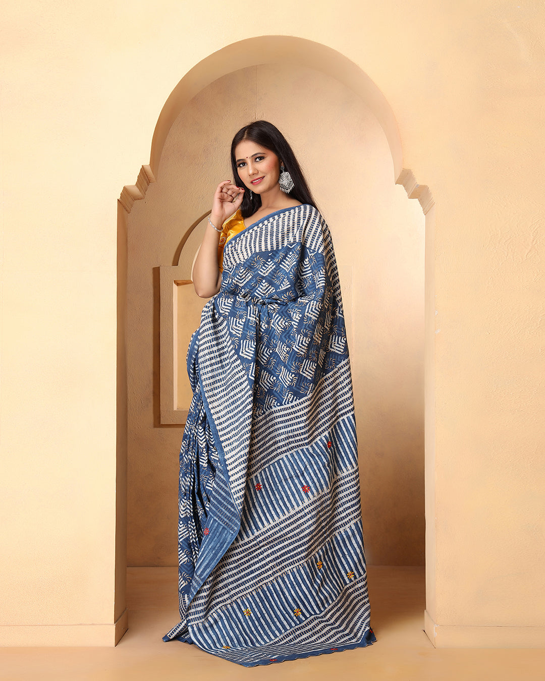 Dabu Print Mulmul Saree | Abstract Indigo & White for Daily Wear & Casual Outings