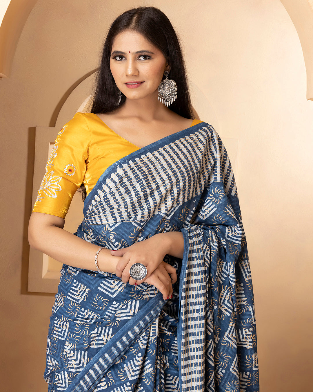 Dabu Print Mulmul Saree | Abstract Indigo & White for Daily Wear & Casual Outings