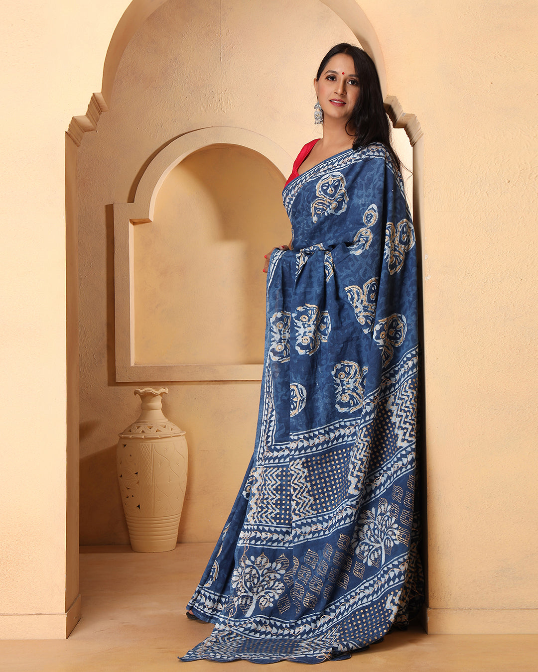 Dabu Print Mulmul Saree | Indigo Abstract for Office, Daily Wear & Gatherings