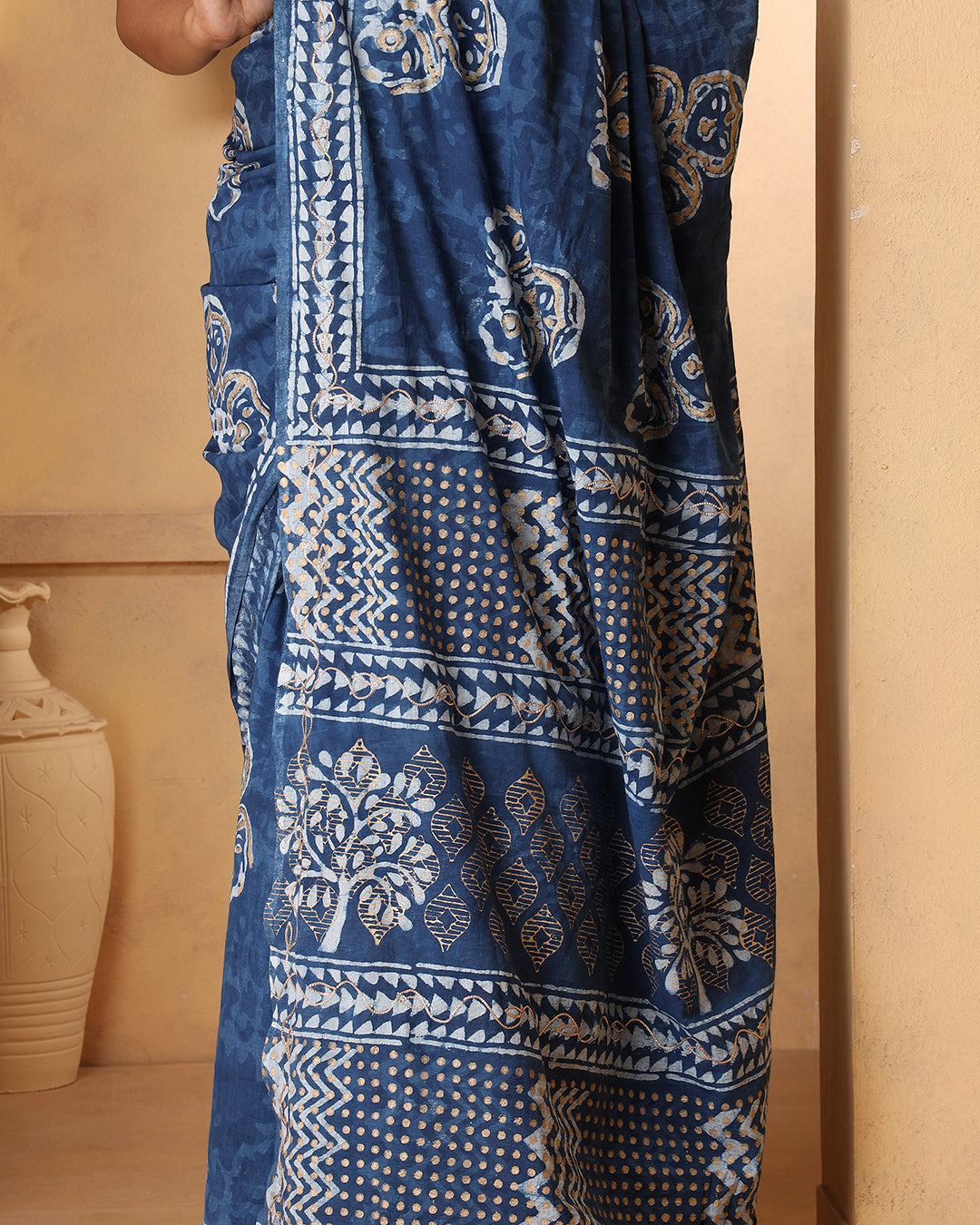 Dabu Print Mulmul Saree | Indigo Abstract for Office, Daily Wear & Gatherings