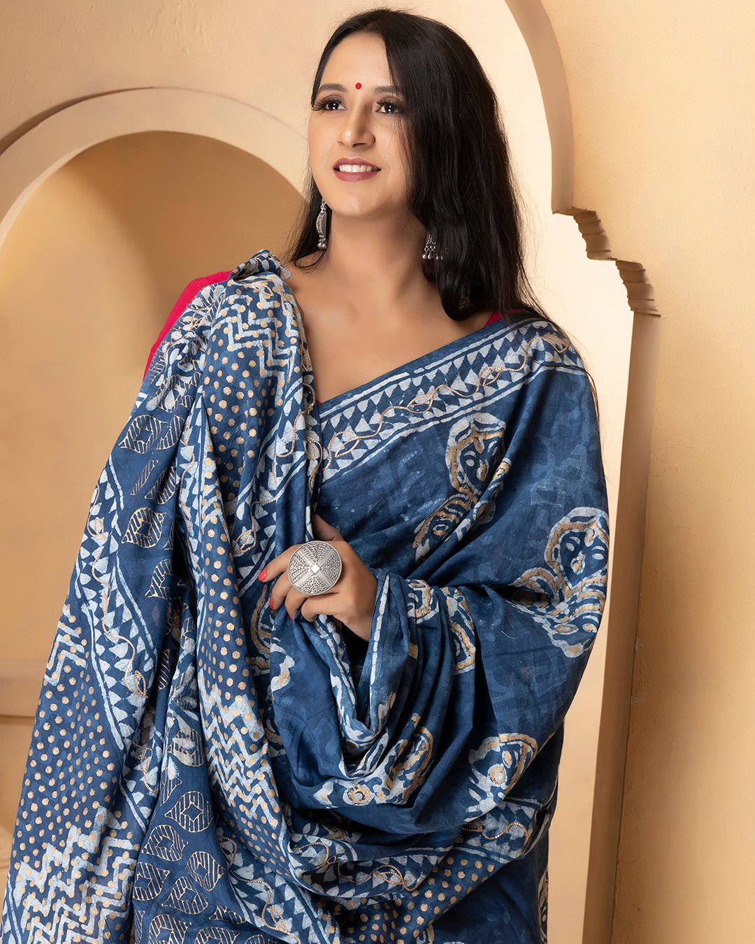 Dabu Print Mulmul Saree | Indigo Abstract for Office, Daily Wear & Gatherings