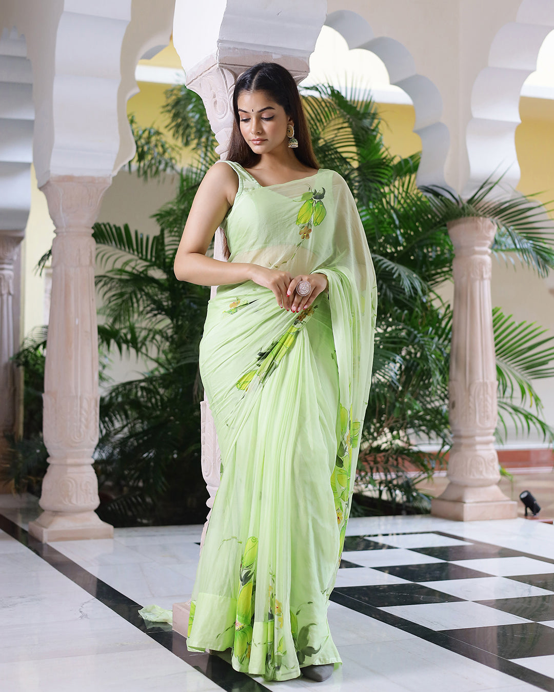 Hand Painted Chiffon Saree | Mint Green Floral for Festive & Everyday Elegance