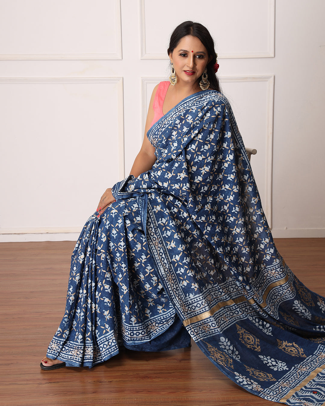 Dabu Print Mulmul Saree | Ruby Indigo Hand Block Printed for Festive & Daily Wear