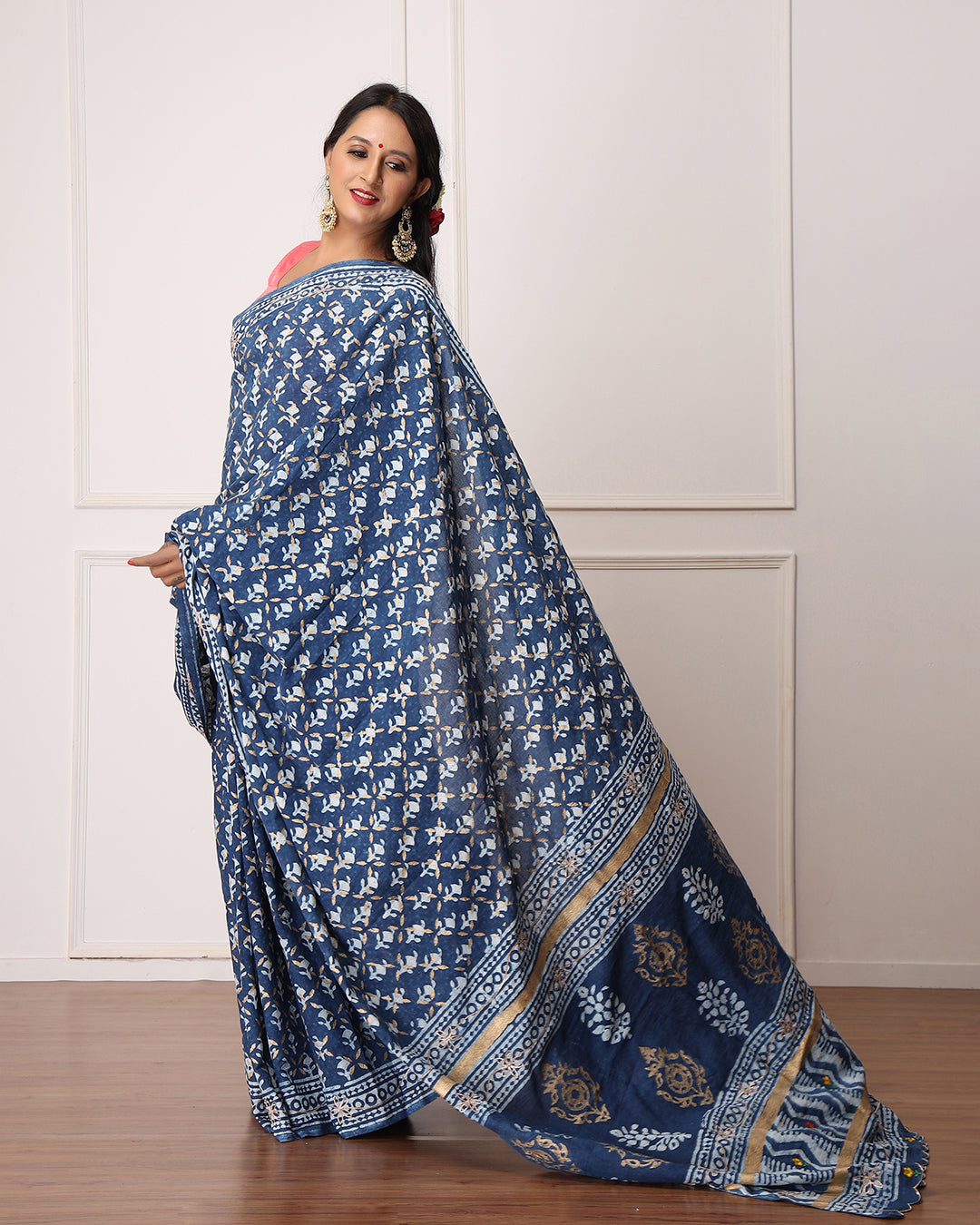 Dabu Print Mulmul Saree | Ruby Indigo Hand Block Printed for Festive & Daily Wear