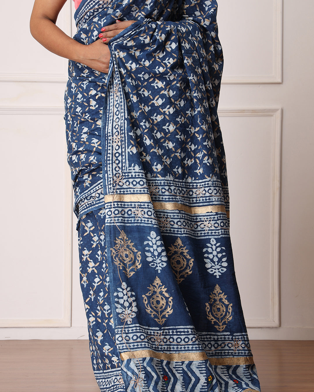 Dabu Print Mulmul Saree | Ruby Indigo Hand Block Printed for Festive & Daily Wear