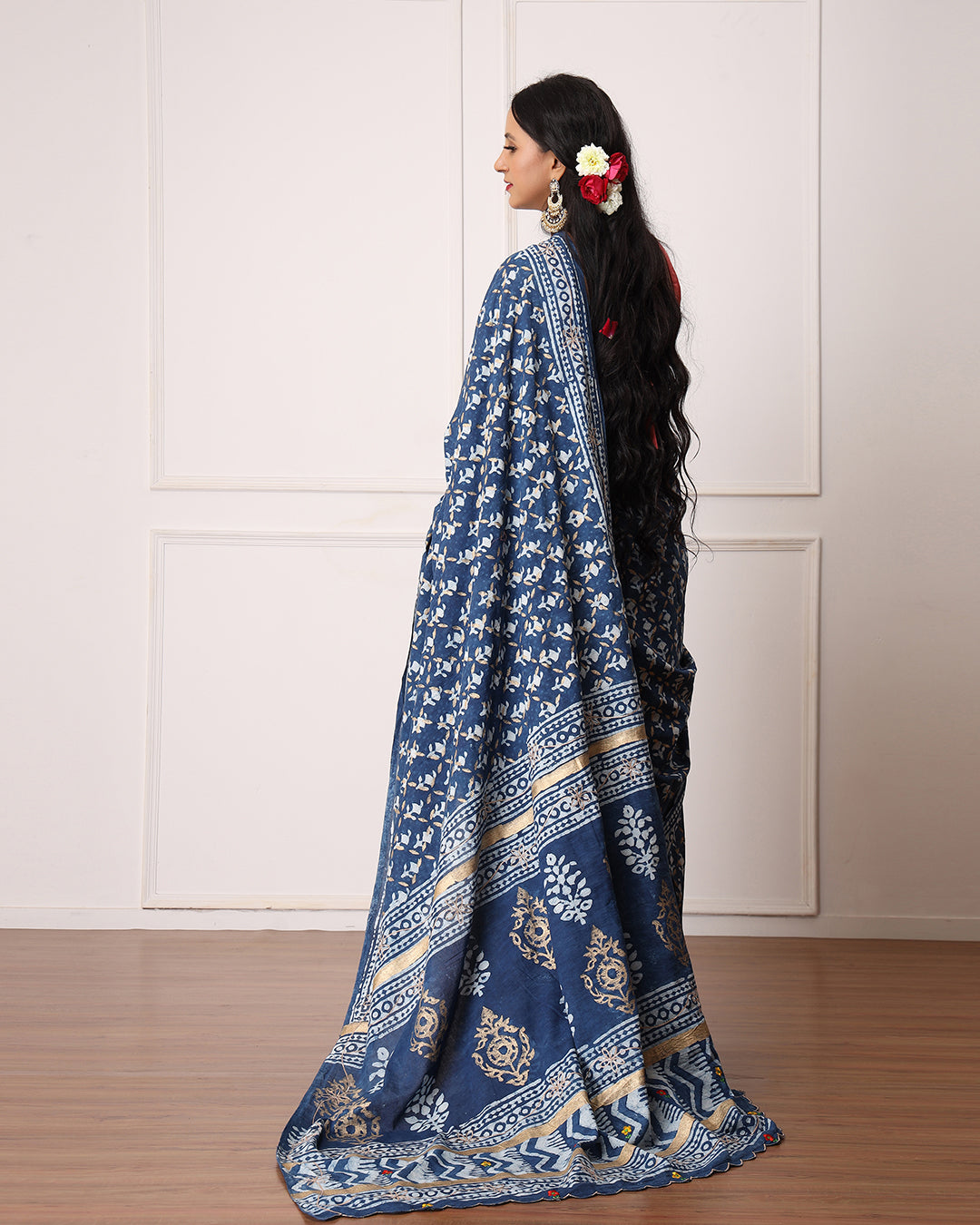Dabu Print Mulmul Saree | Ruby Indigo Hand Block Printed for Festive & Daily Wear