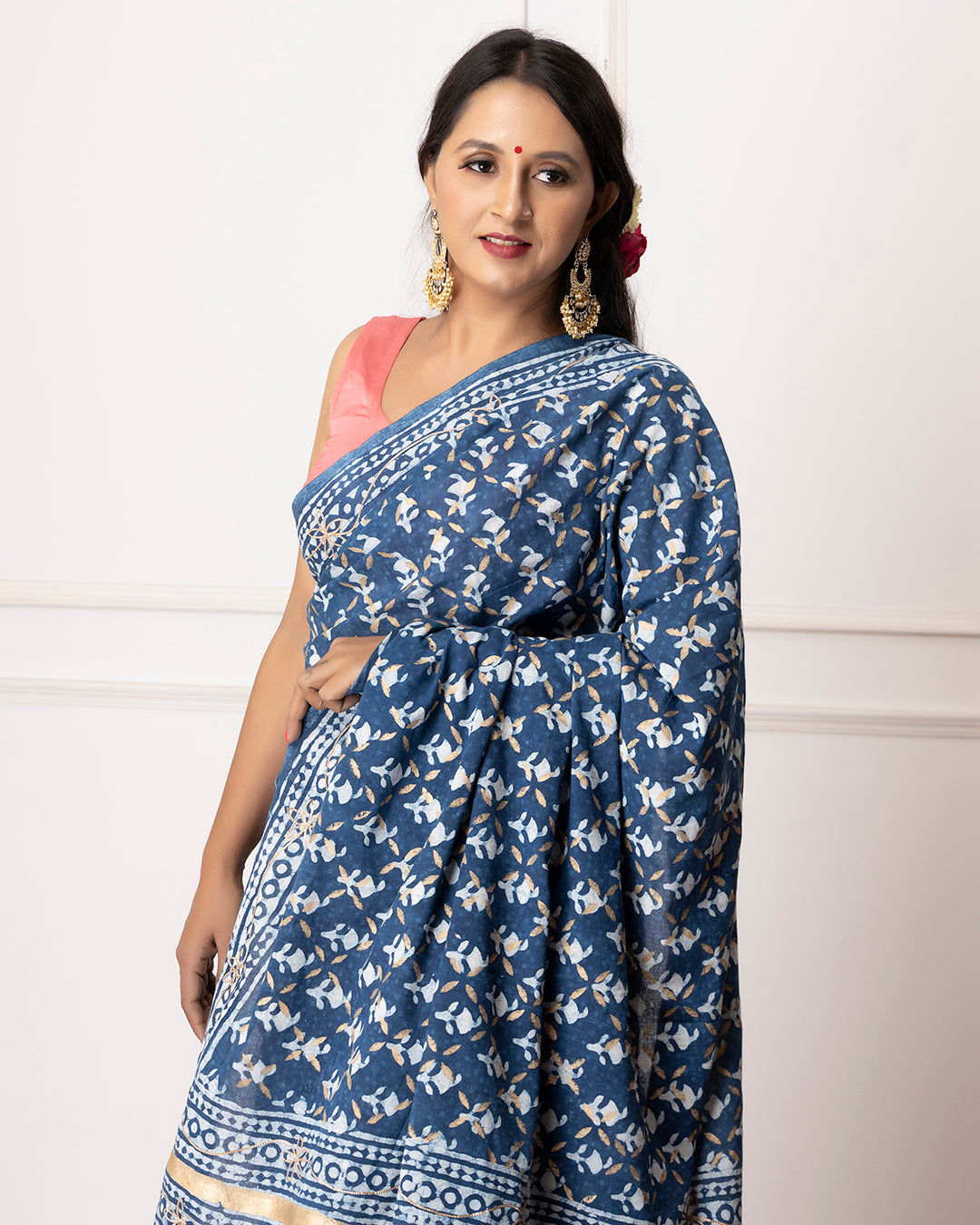 Dabu Print Mulmul Saree | Ruby Indigo Hand Block Printed for Festive & Daily Wear