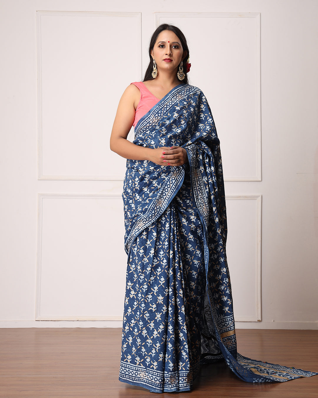 Dabu Print Mulmul Saree | Ruby Indigo Hand Block Printed for Festive & Daily Wear