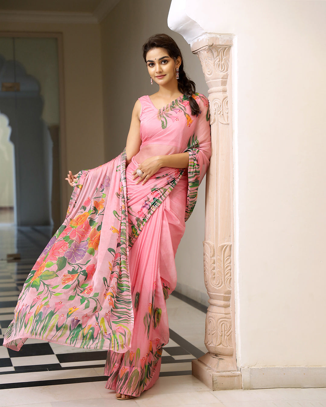 Hand Painted Chiffon Saree | Pastel Pink Floral for Daytime & Celebrations