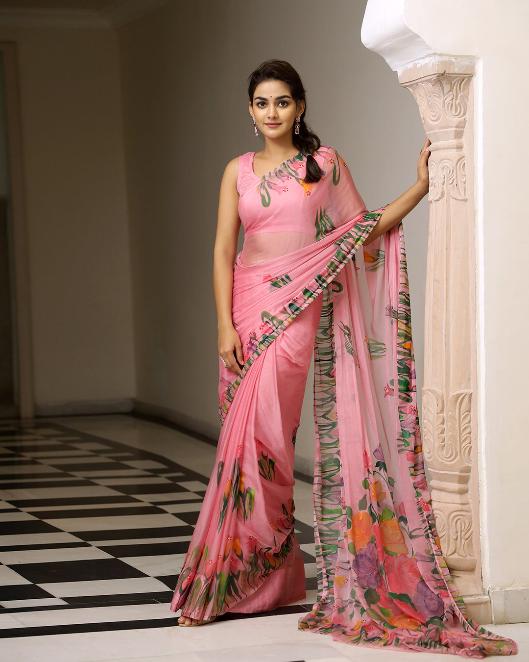 Hand Painted Chiffon Saree | Pastel Pink Floral for Daytime & Celebrations
