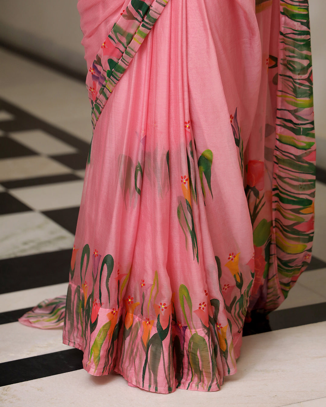 Hand Painted Chiffon Saree | Pastel Pink Floral for Daytime & Celebrations
